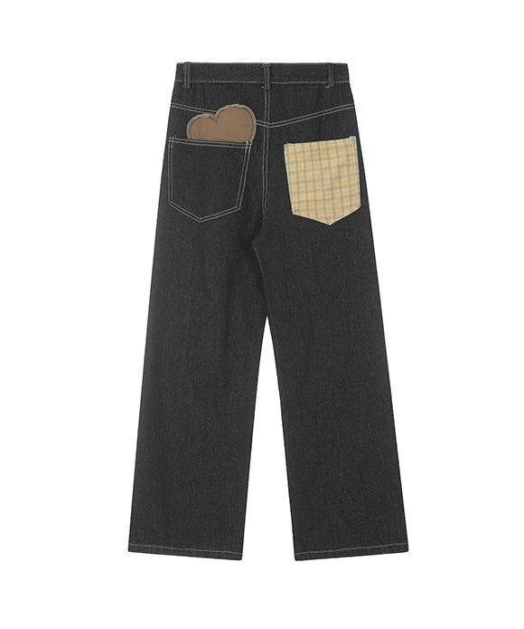 BAKYARDER  Vintage Color-Block Heart Print Denim Pants