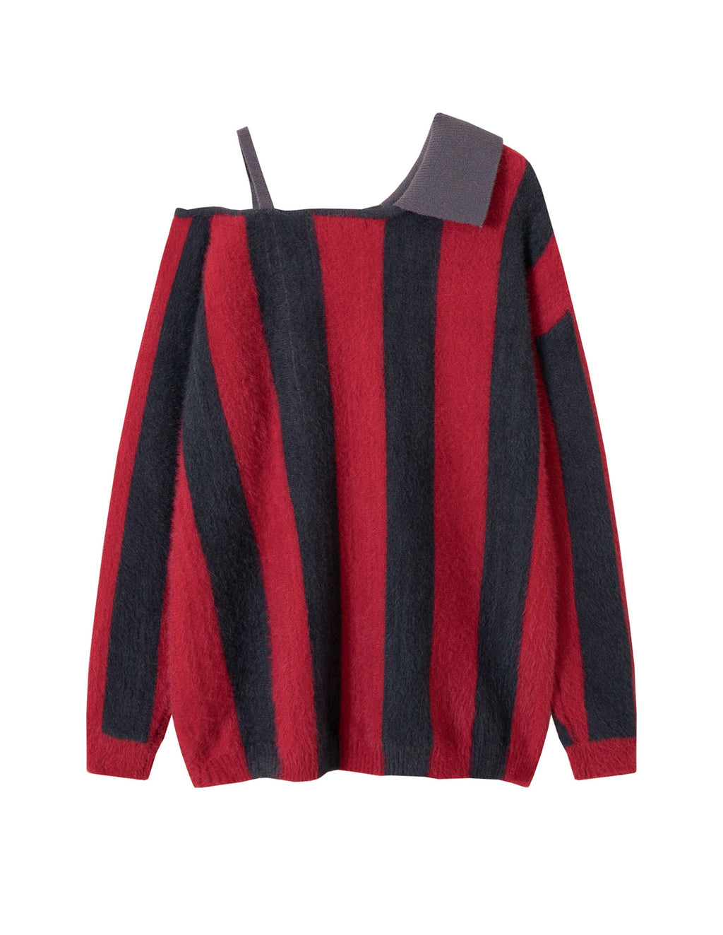 BAKYARDER Women’s Off-Shoulder Stripe Knit Sweater Vintage Polo Jersey Style Loose Fit Fuzzy Pullover