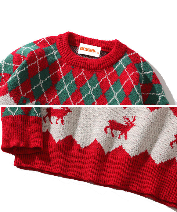 BAKYARDER Christmas Elk Jacquard Crew Neck Pullover Sweater