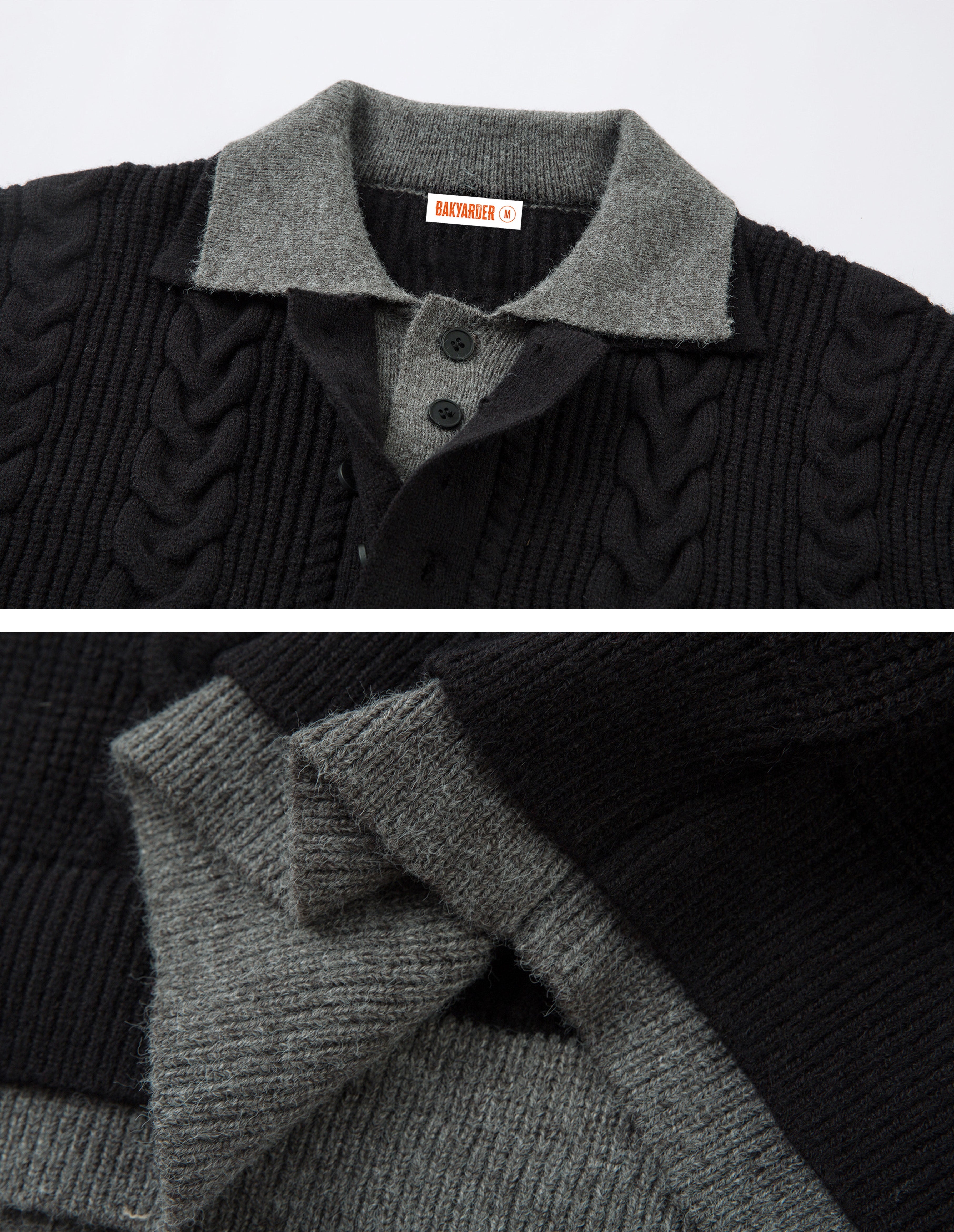 BAKYARDER Wheat Ear Cable Knit Half-Button Faux-Layer Sweater