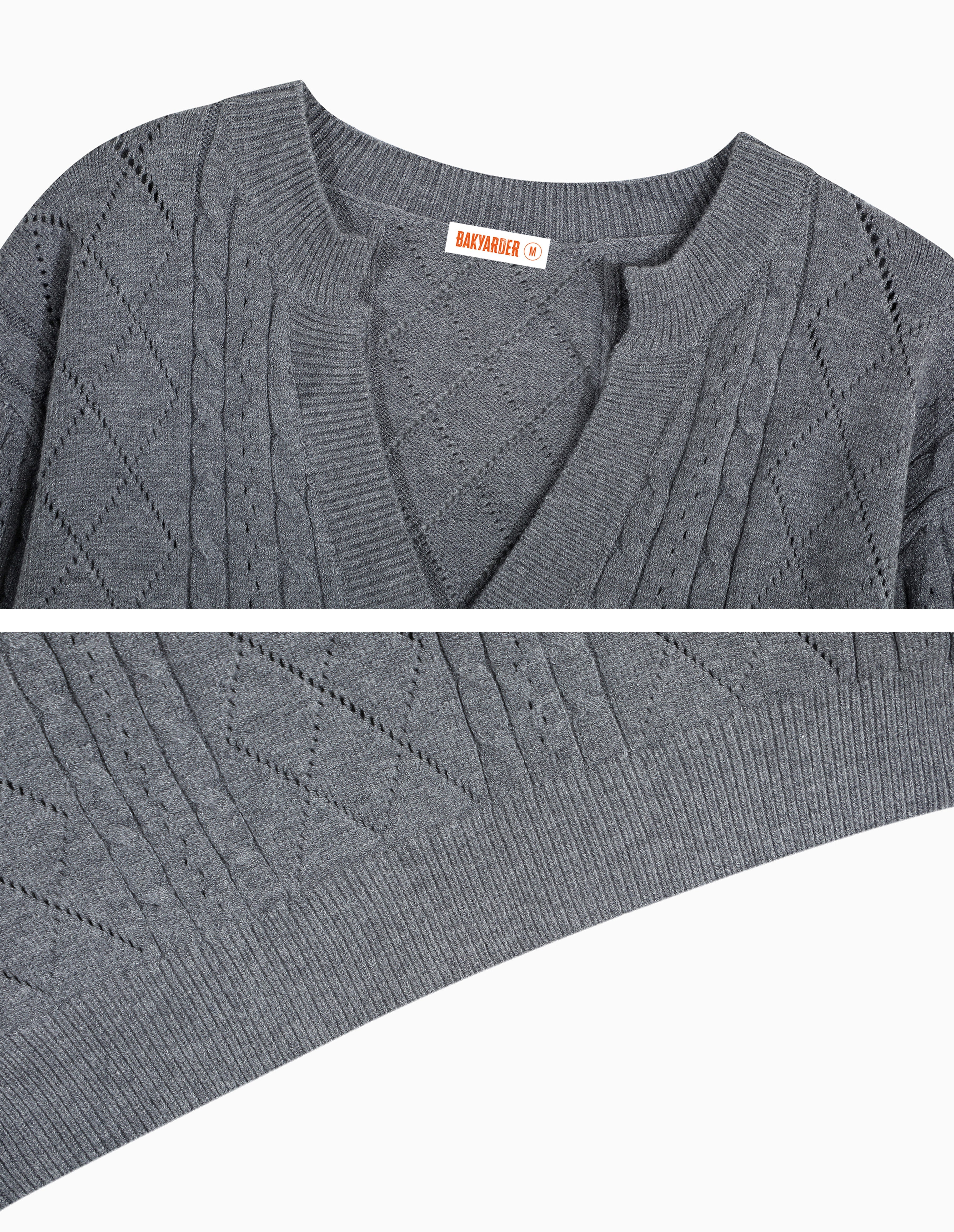 BAKYARDER Vintage V-Neck Cable Knit Pullover Sweater