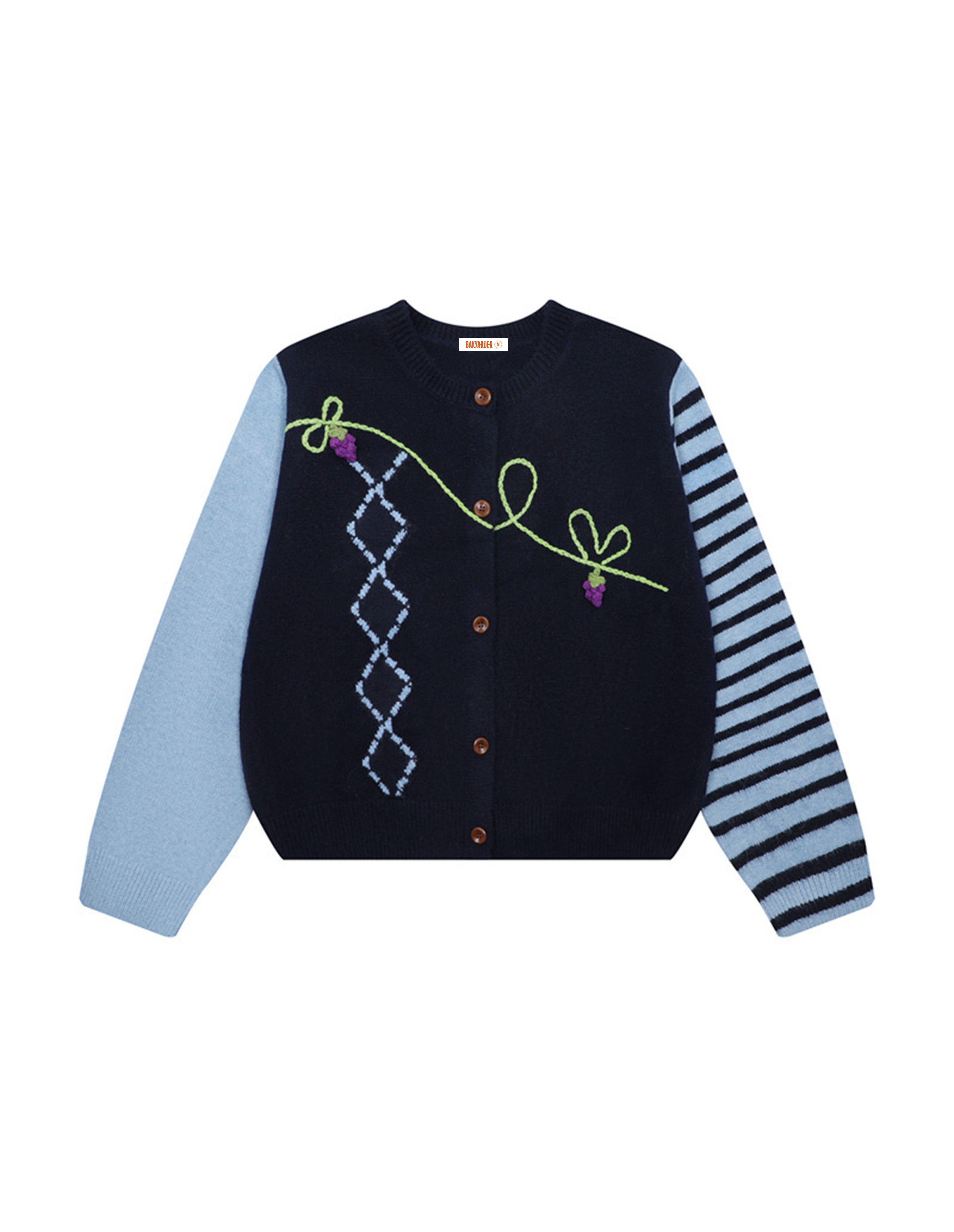 BAKYARDER 3D Grape Embroidered Crewneck Cardigan Sweater