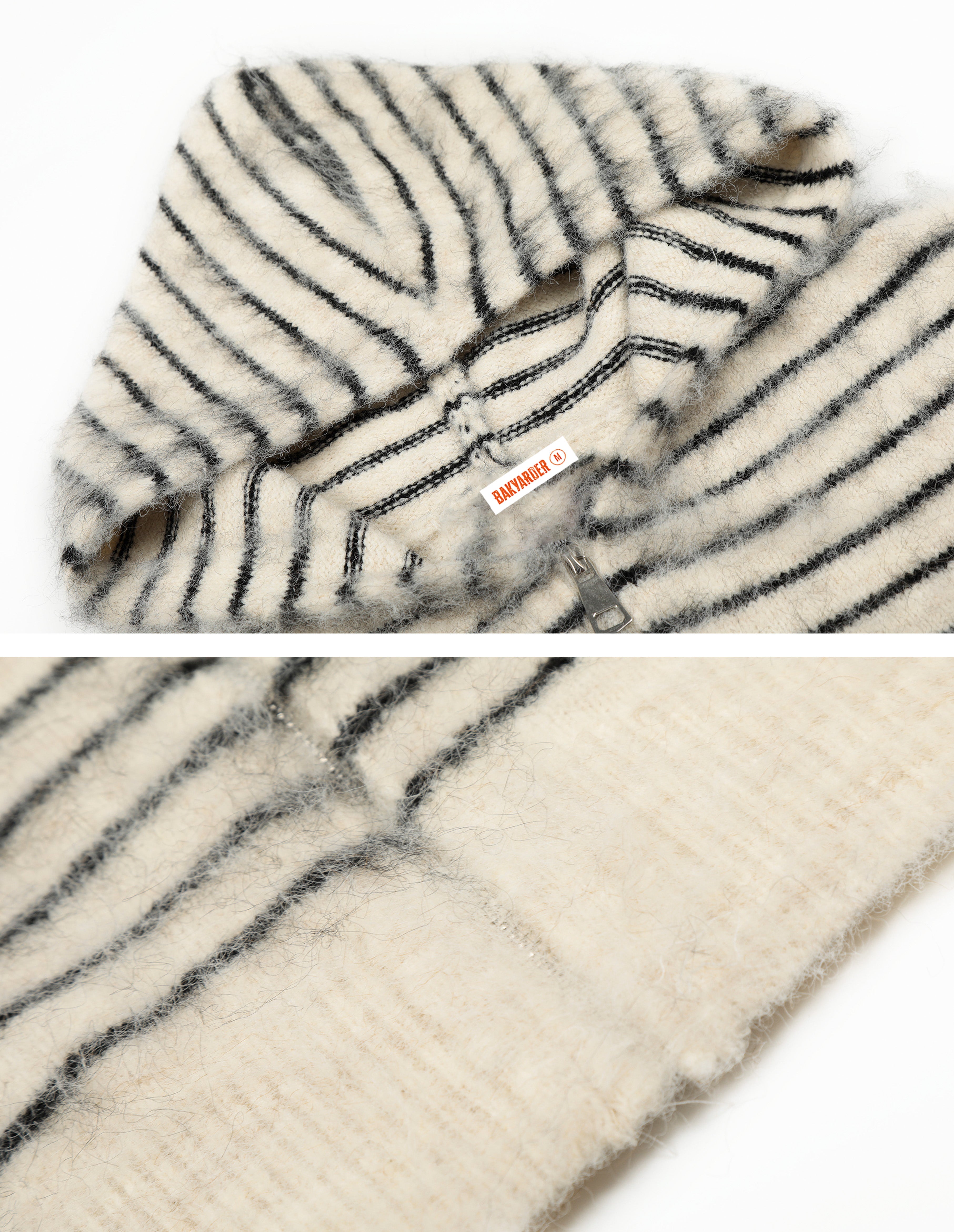 BAKYARDER Vintage Striped Mohair Hooded Zip-Up Cardigan Sweater