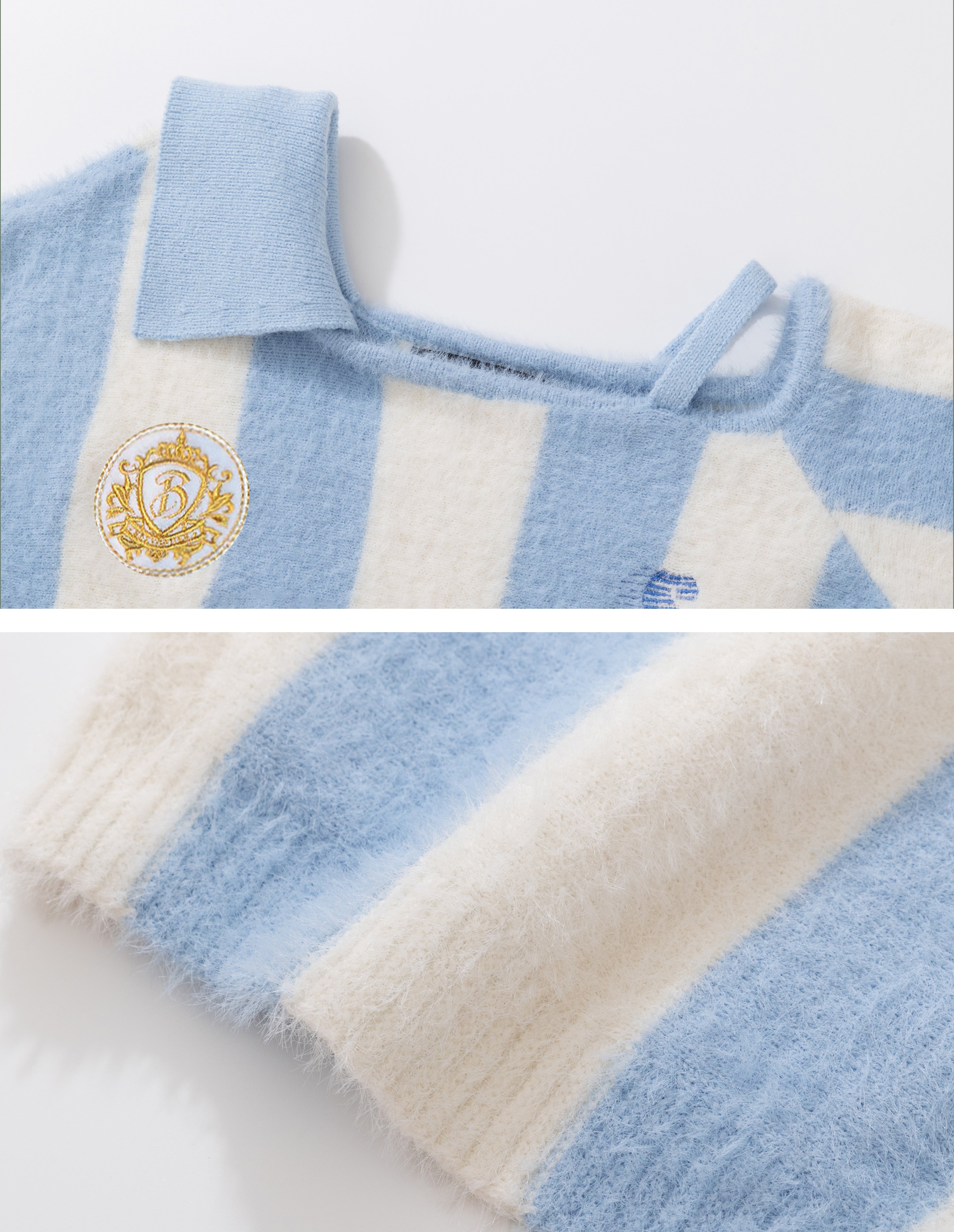 BAKYARDER Women’s Off-Shoulder Stripe Knit Sweater Vintage Polo Jersey Style Loose Fit Fuzzy Pullover