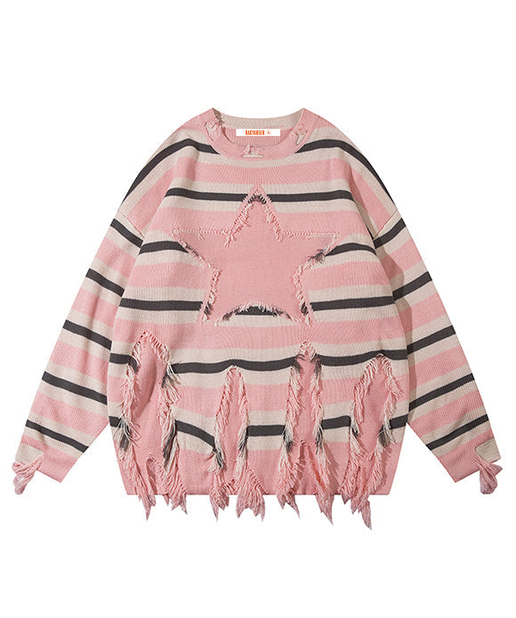 BAKYARDER Vintage Color Block Patchwork Stripe Star Sweater