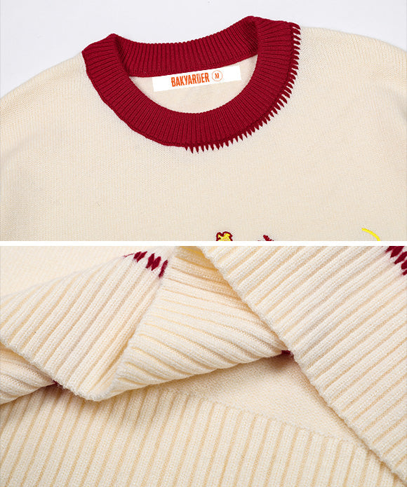 BAKYARDER Vintage College Style Cartoon Embroidered Sweater.