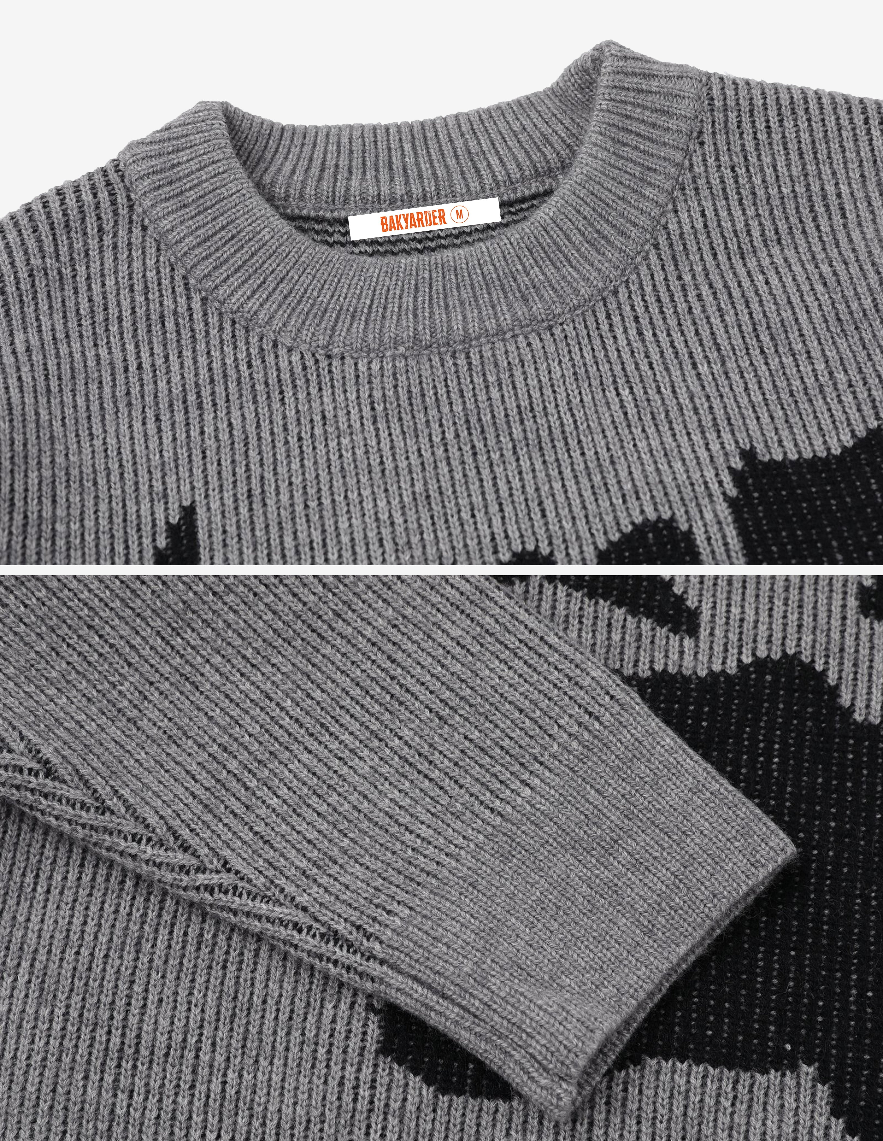 BAKYARDER Cartoon Cat Jacquard Crewneck Sweater