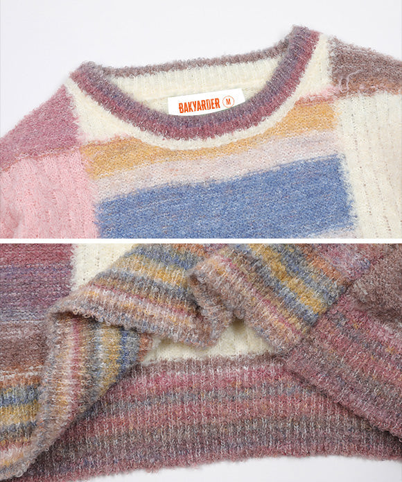 BAKYARDER Vintage Checkered Patchwork Color Block Sweater
