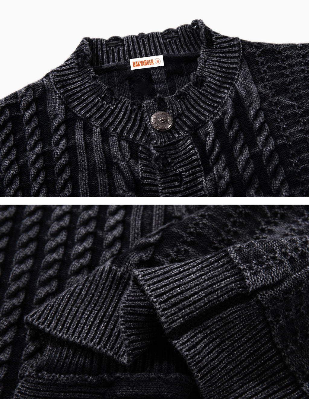 BAKYARDER Vintage Washed Cable-Knit Cardigan Sweater