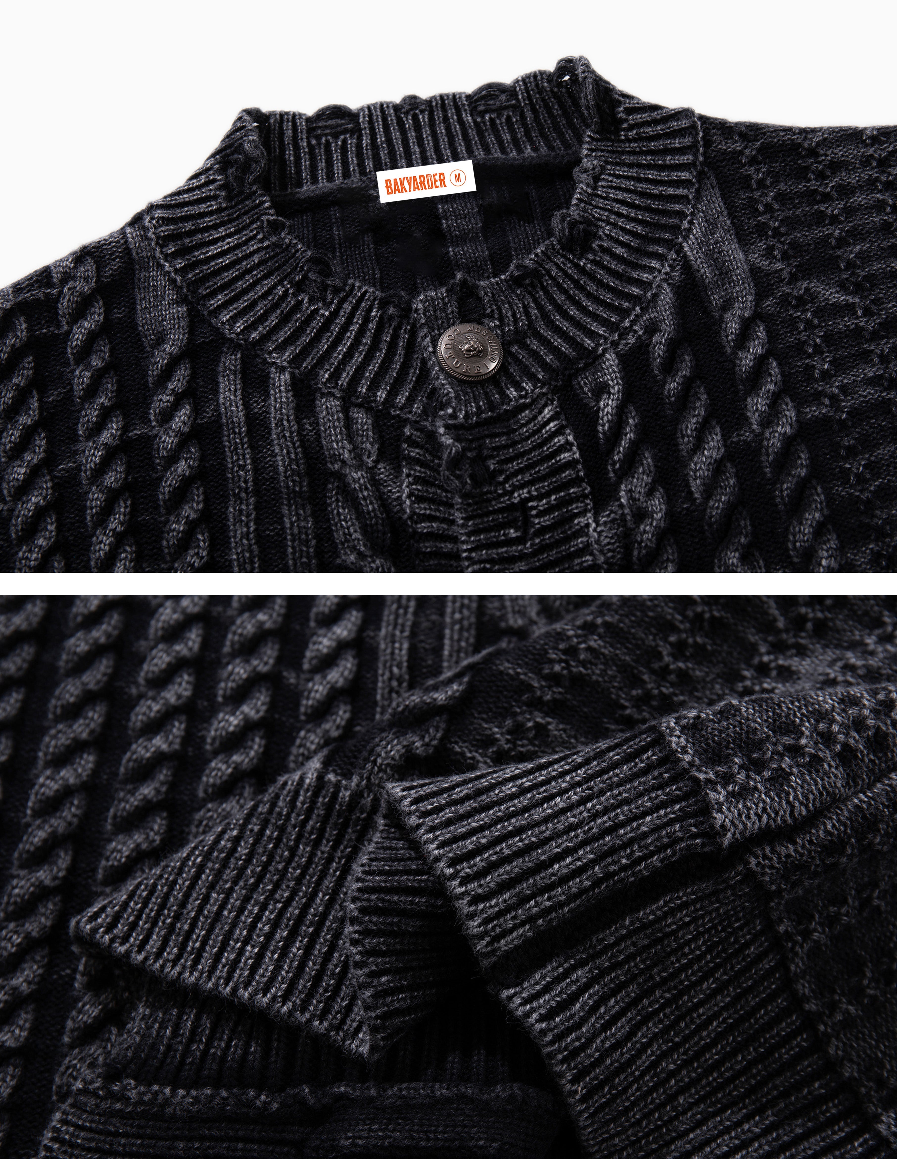BAKYARDER Vintage Washed Cable-Knit Cardigan Sweater