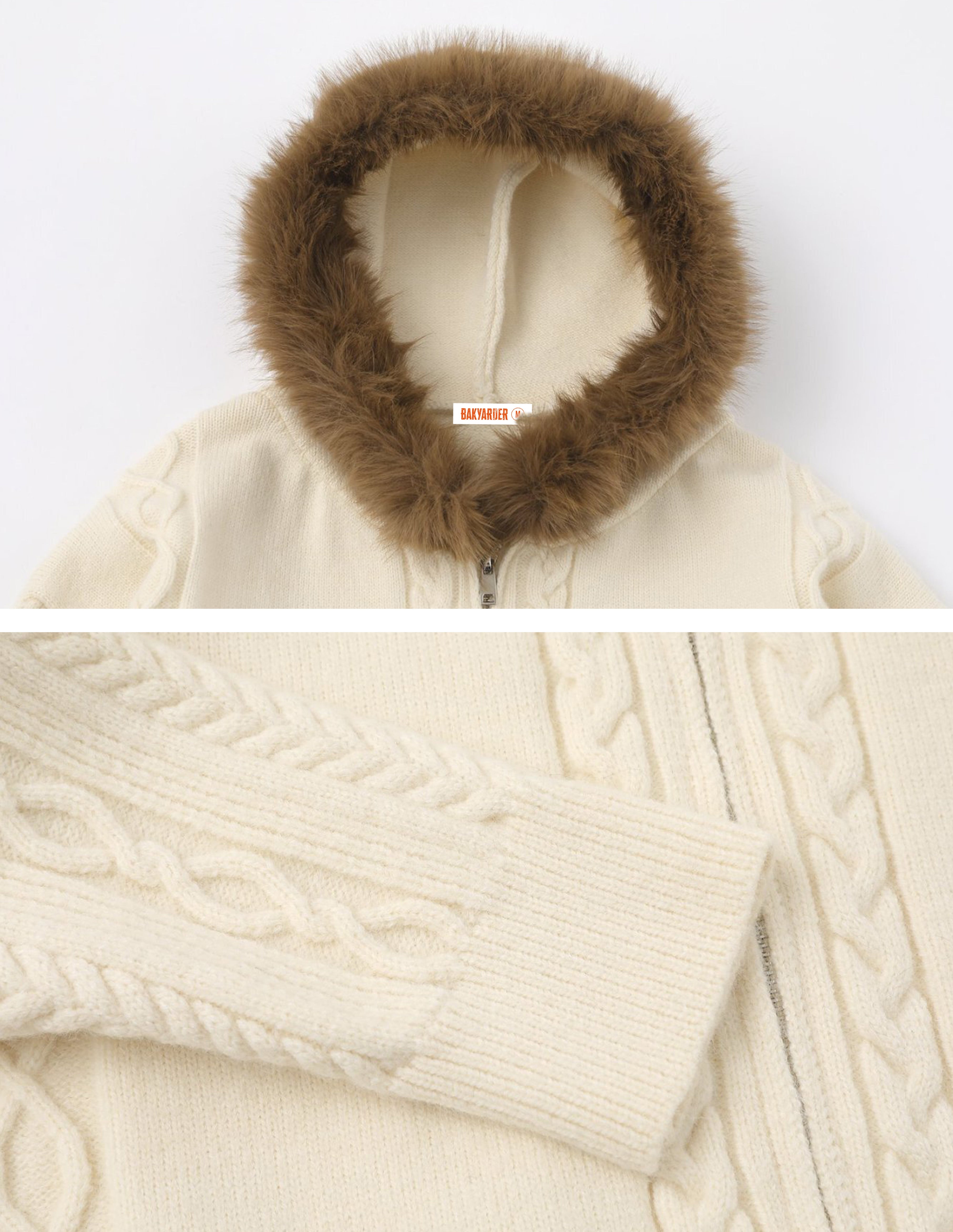 BAKYARDER Cable Knit Fur-Trim Hooded Zip Cardigan Sweater