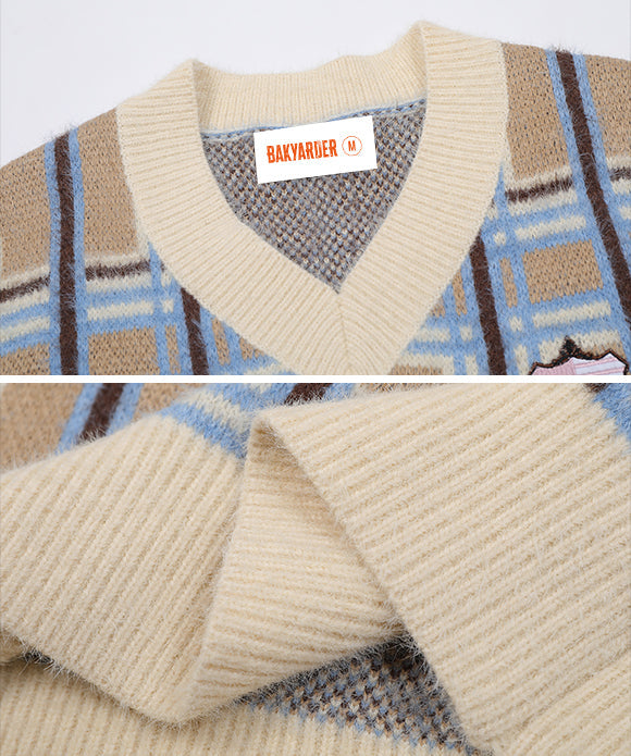 BAKYARDER Preppy Style Color-Block Plaid Sweater Vest