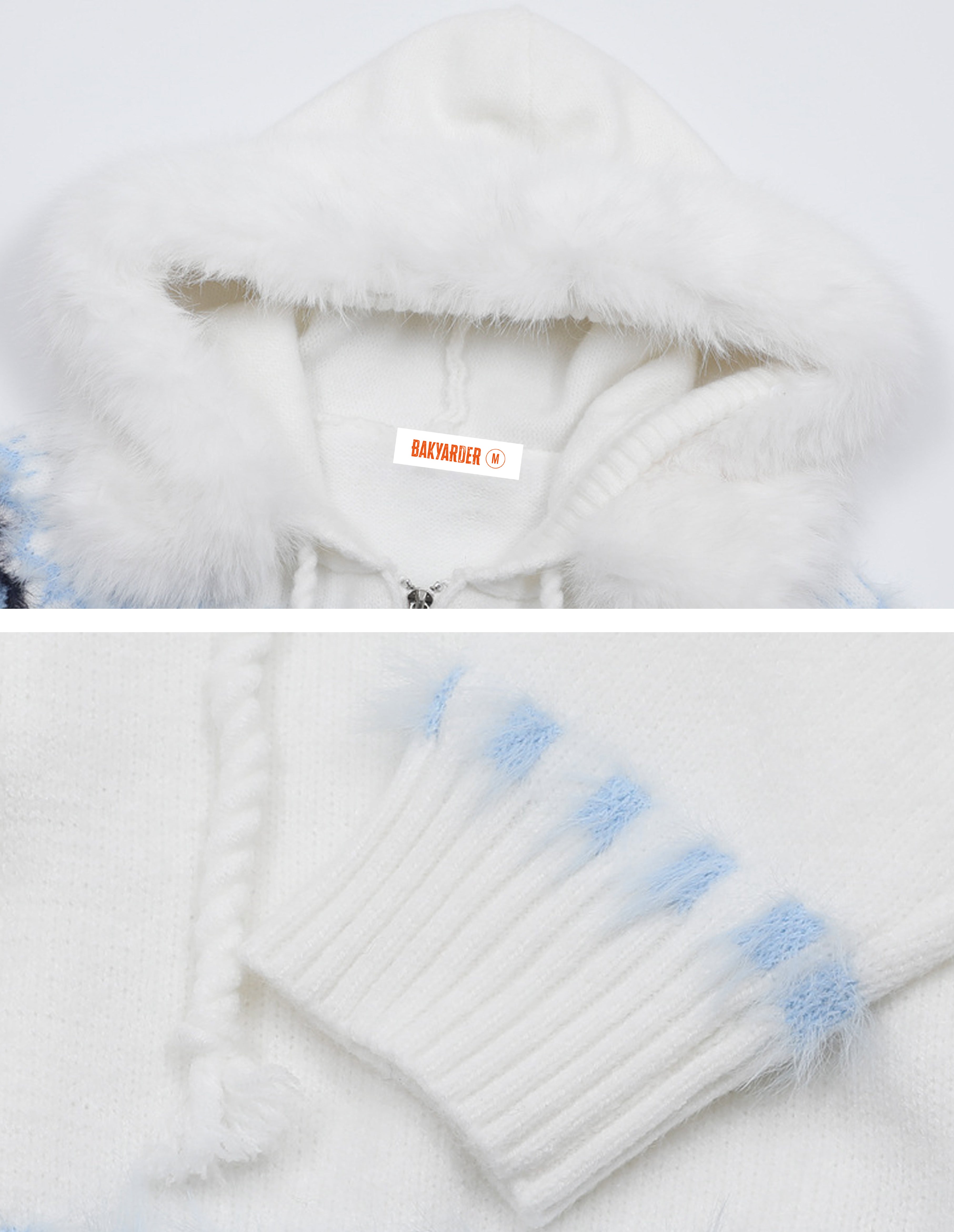 BAKYARDER Vintage Jacquard Faux Fur Collar Zip Cardigan