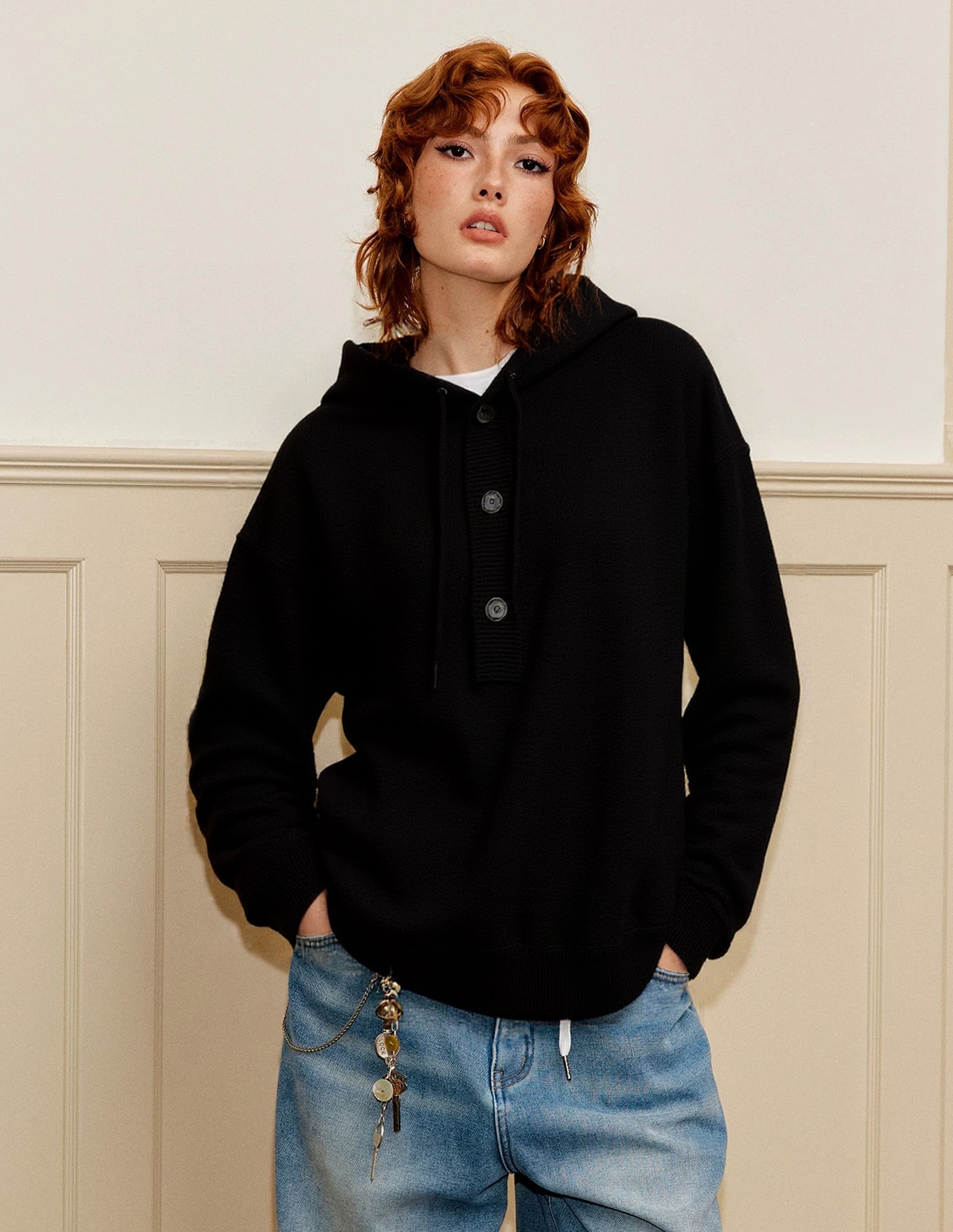 BAKYARDER Button Hoodies Oversized Solid Color Hooded Sweater Long Sleeve Casual Pullover Sweaters Tops