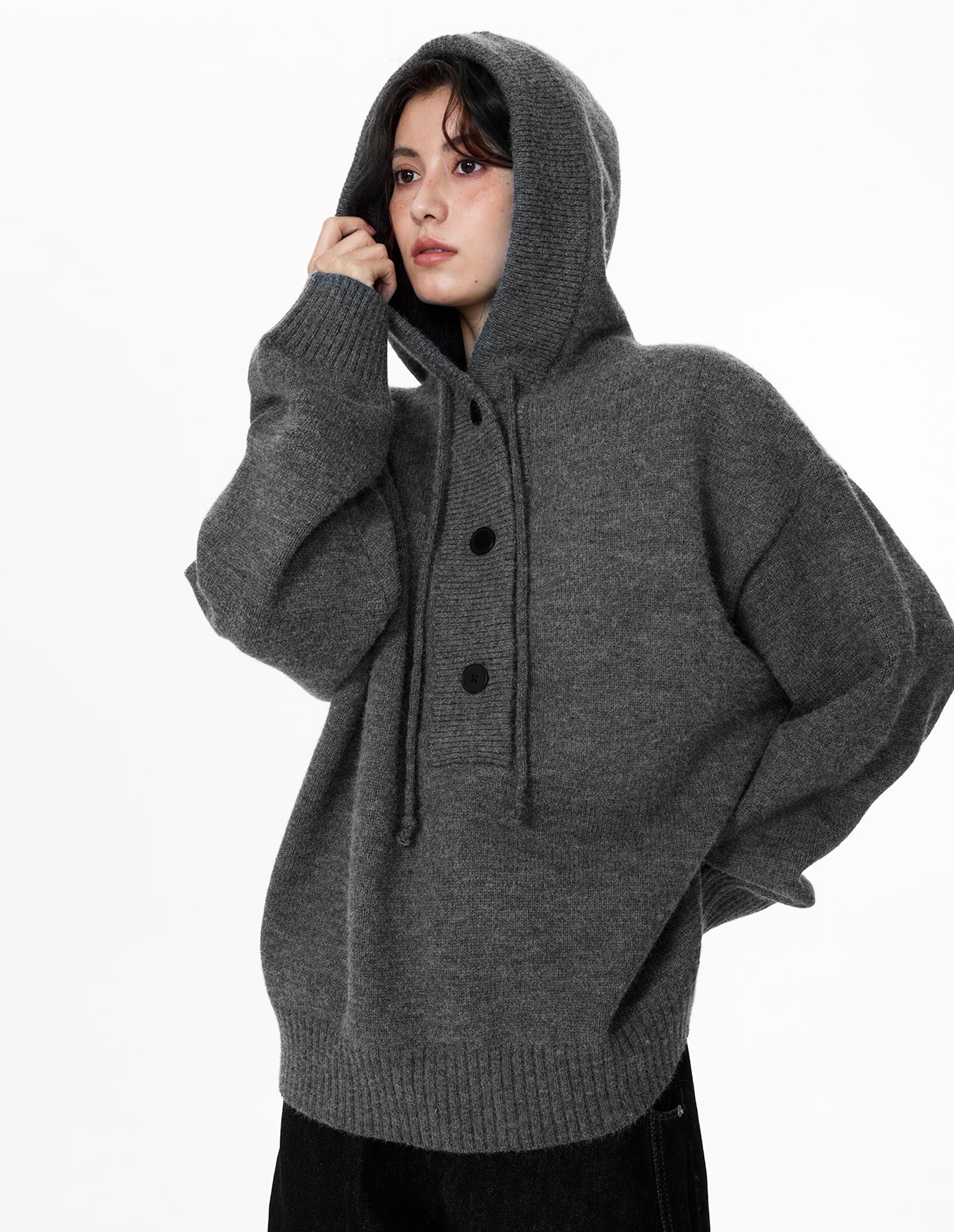 BAKYARDER Button Hoodies Oversized Solid Color Hooded Sweater Long Sleeve Casual Pullover Sweaters Tops