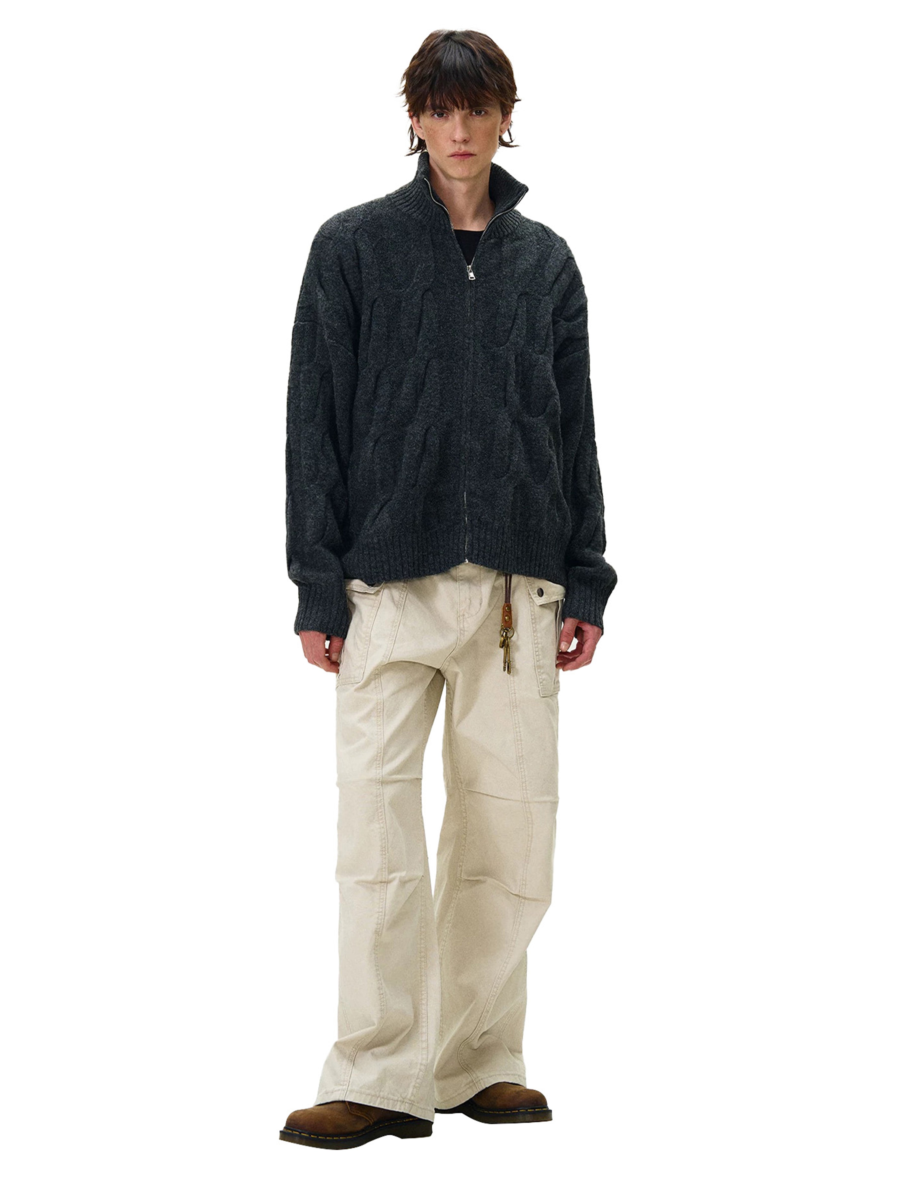 BAKYARDER Cable Knit Zip Up Cardigan Turtleneck Sweaters Unisex Open Front Zipper Oversized Sweater