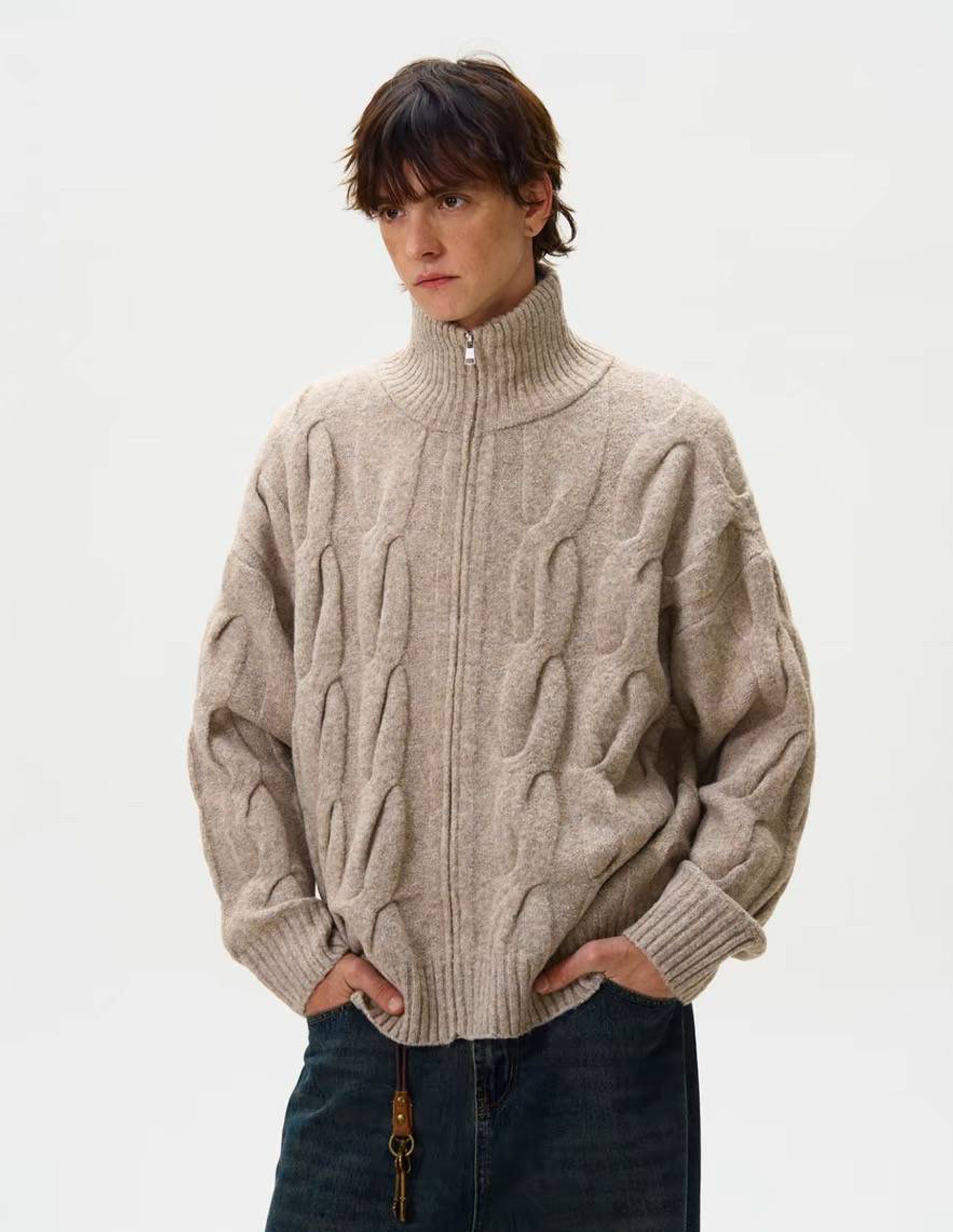 BAKYARDER Cable Knit Zip Up Cardigan Turtleneck Sweaters Unisex Open Front Zipper Oversized Sweater