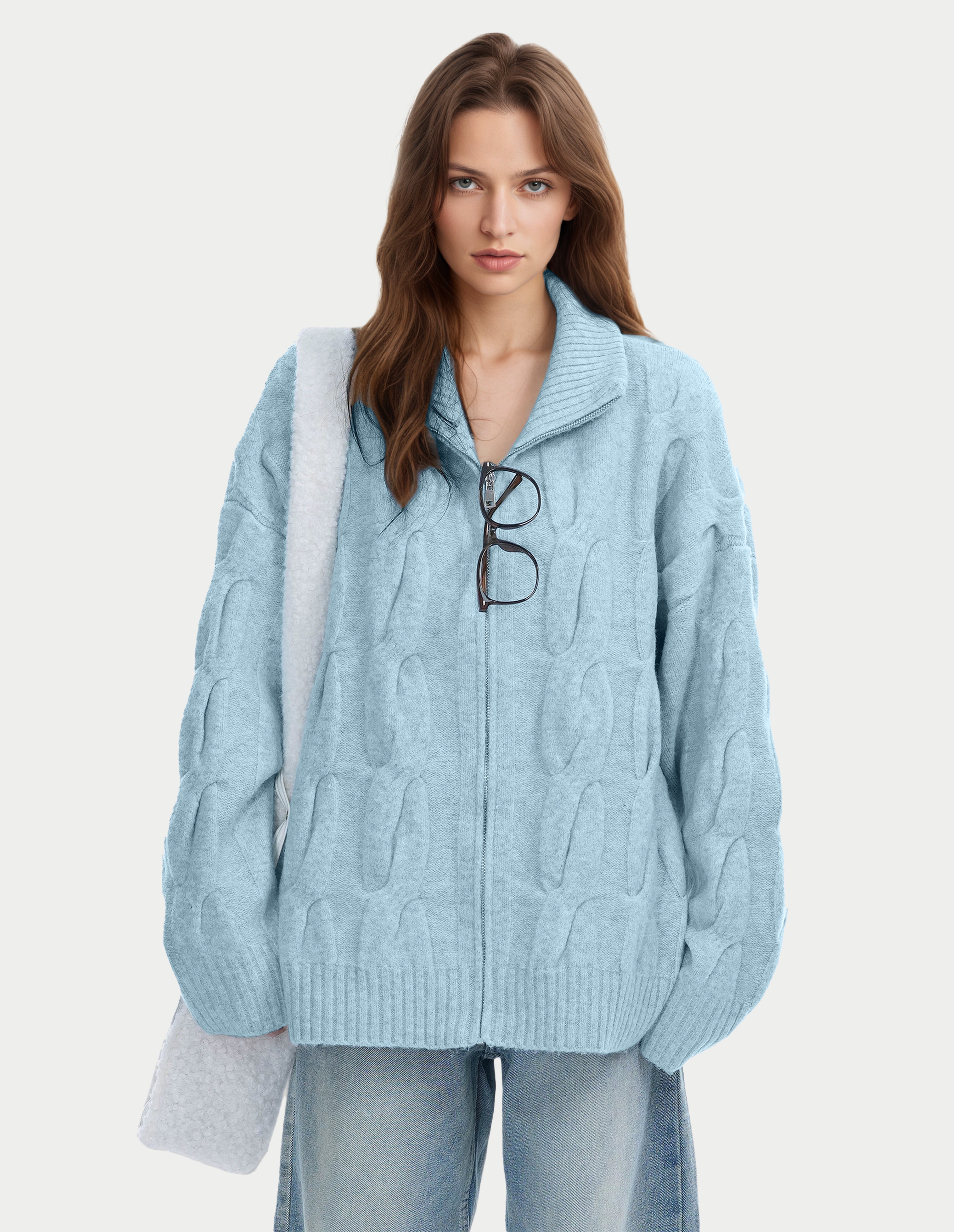 BAKYARDER Cable Knit Zip Up Cardigan Turtleneck Sweaters Unisex Open Front Zipper Oversized Sweater