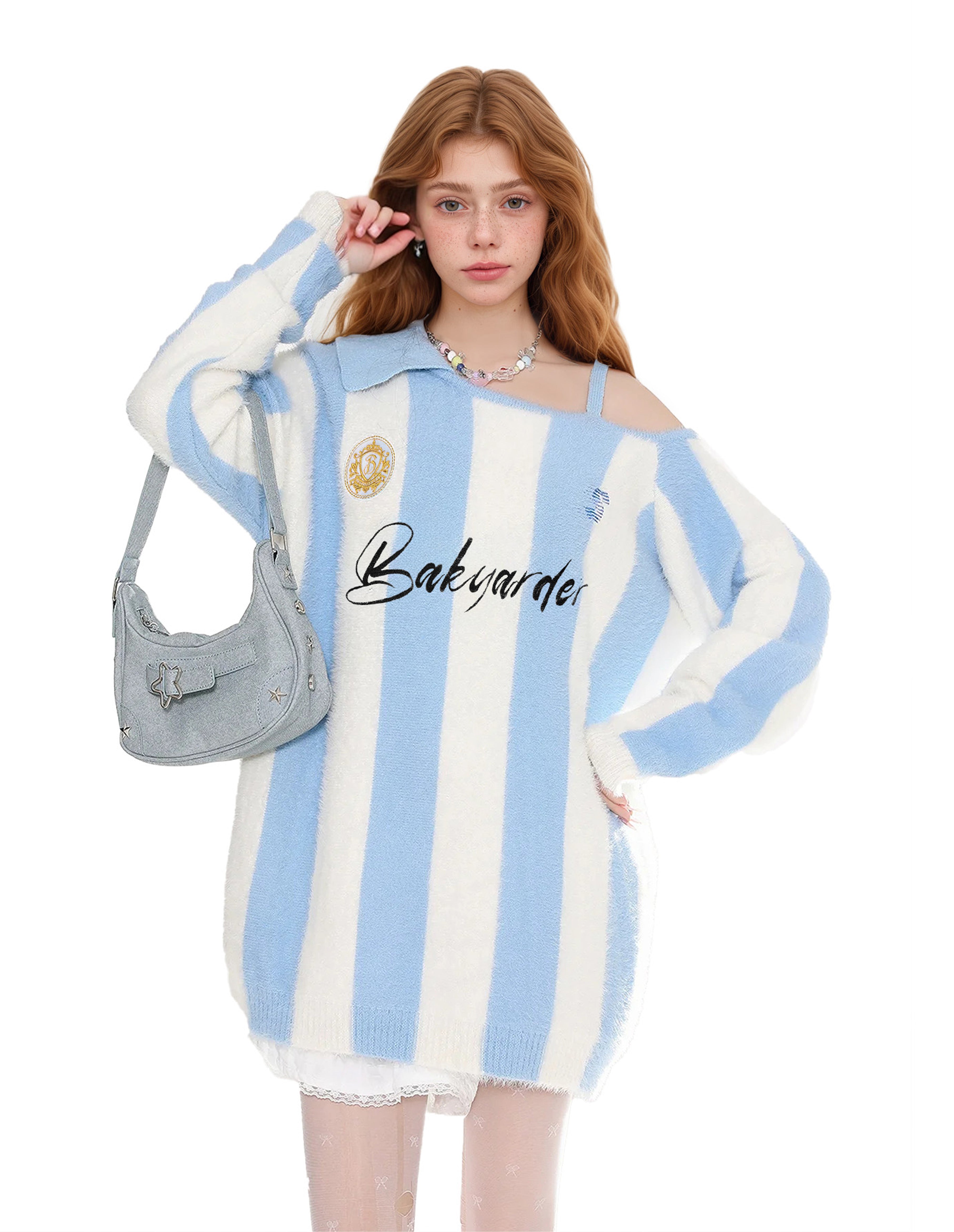BAKYARDER Women’s Off-Shoulder Stripe Knit Sweater Vintage Polo Jersey Style Loose Fit Fuzzy Pullover