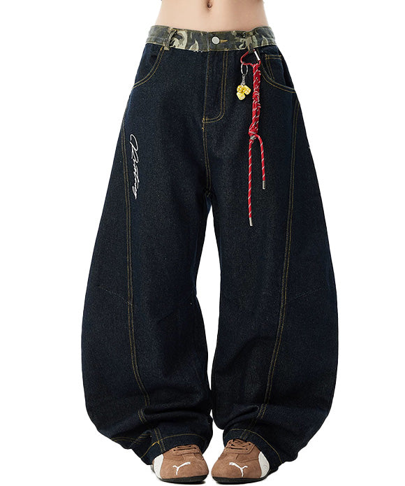 BAKYARDER Vintage Camouflage Patchwork Barrel Jeans
