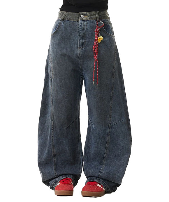 BAKYARDER Vintage Camouflage Patchwork Barrel Jeans