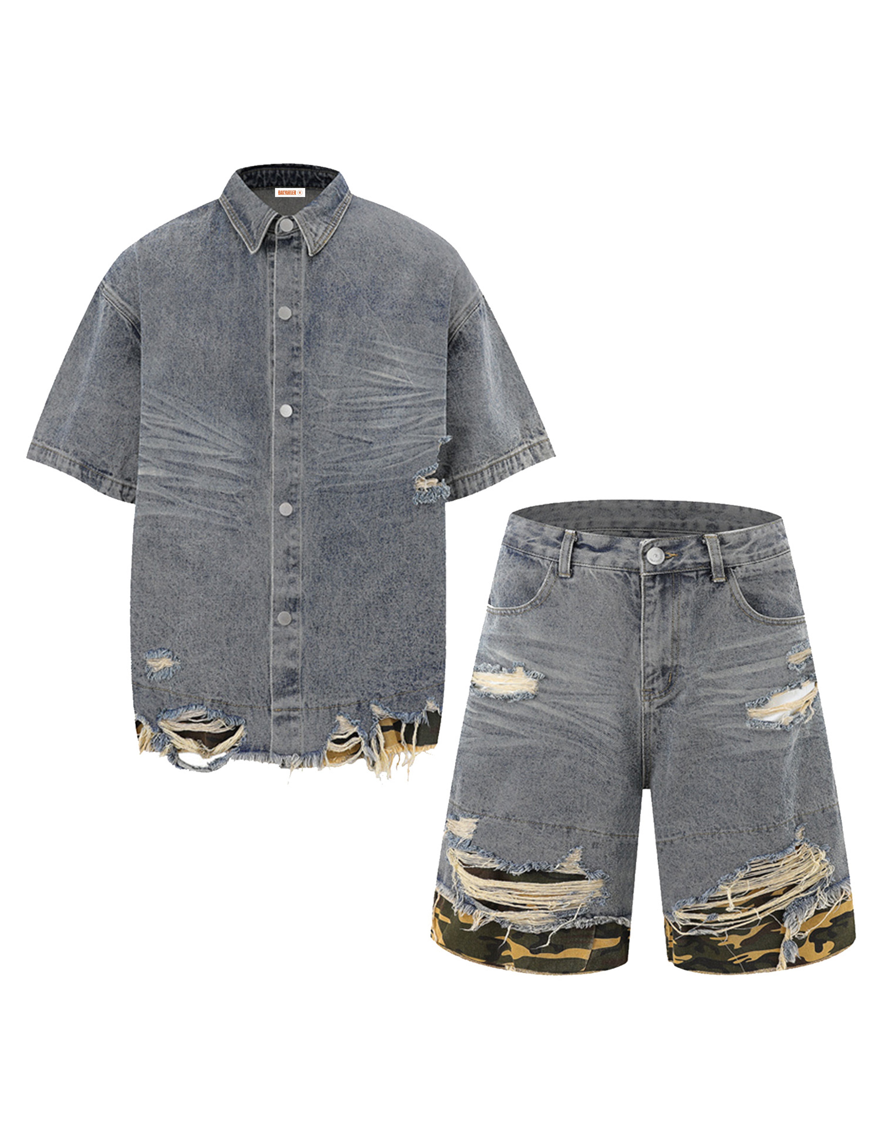 BAKYARDER Camouflage Patchwork Denim Shirt Set