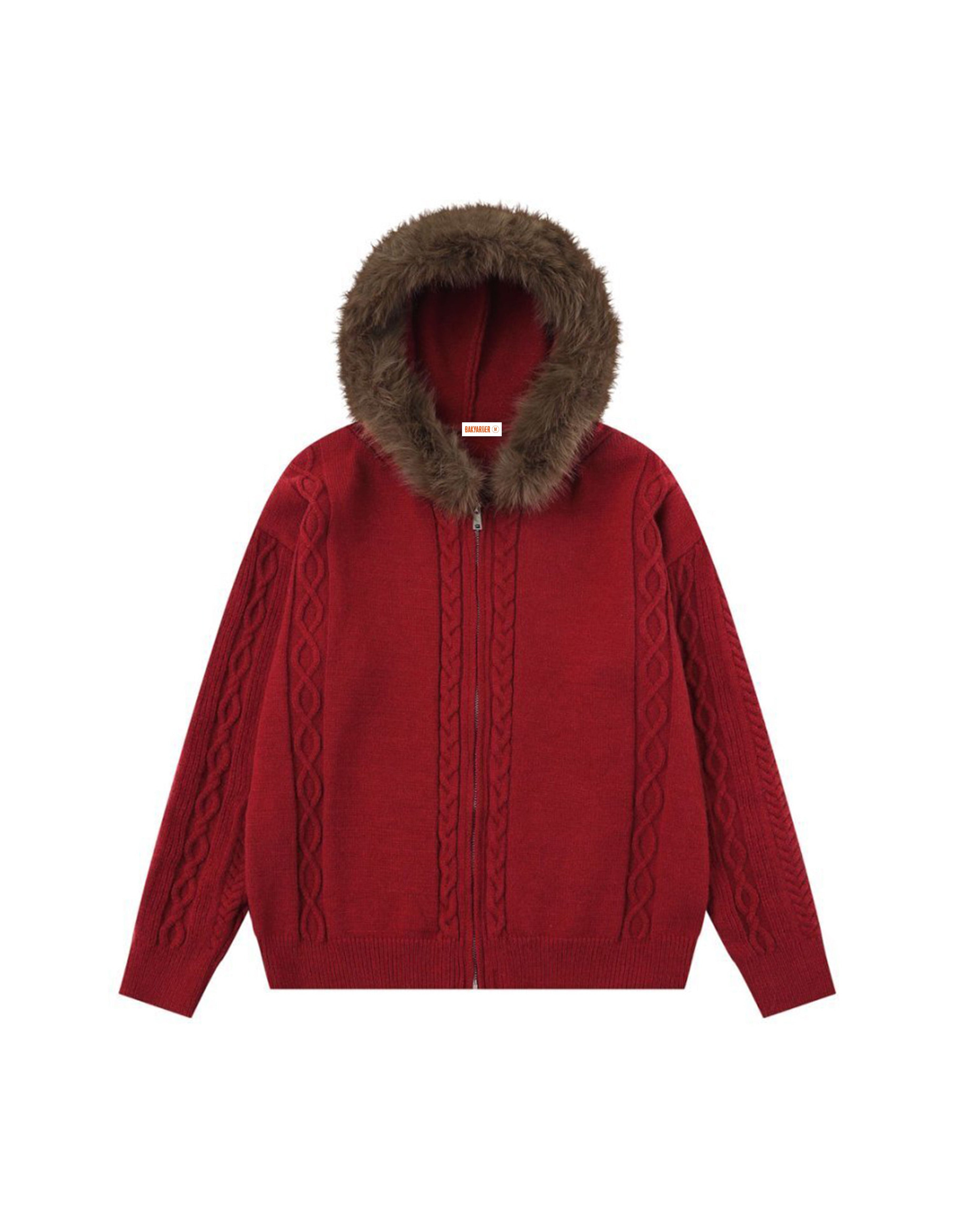 BAKYARDER Cable Knit Fur-Trim Hooded Zip Cardigan Sweater