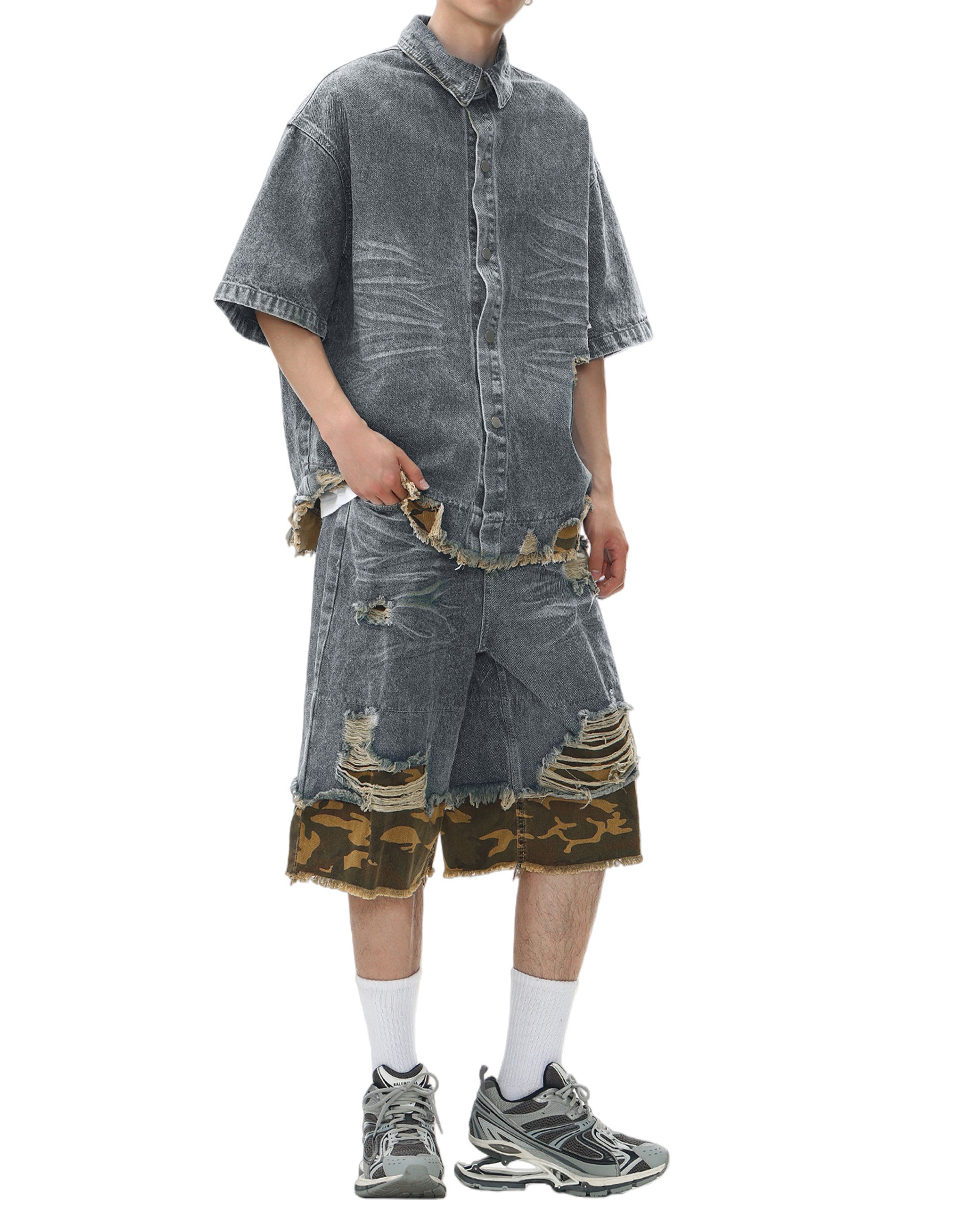 BAKYARDER Camouflage Patchwork Denim Shirt Set