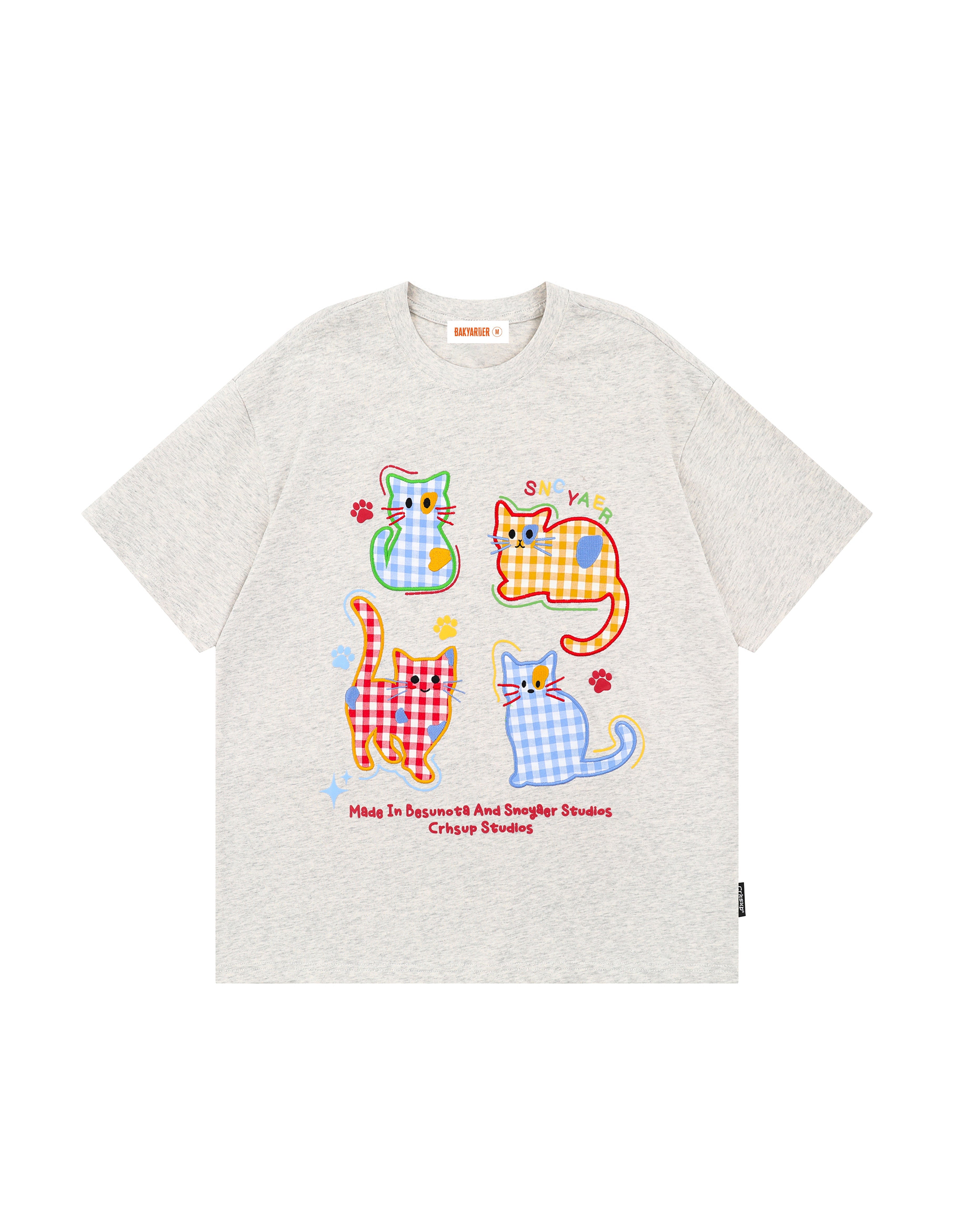 BAKYARDER Cartoon Cat Plaid Patch Embroidery Tee