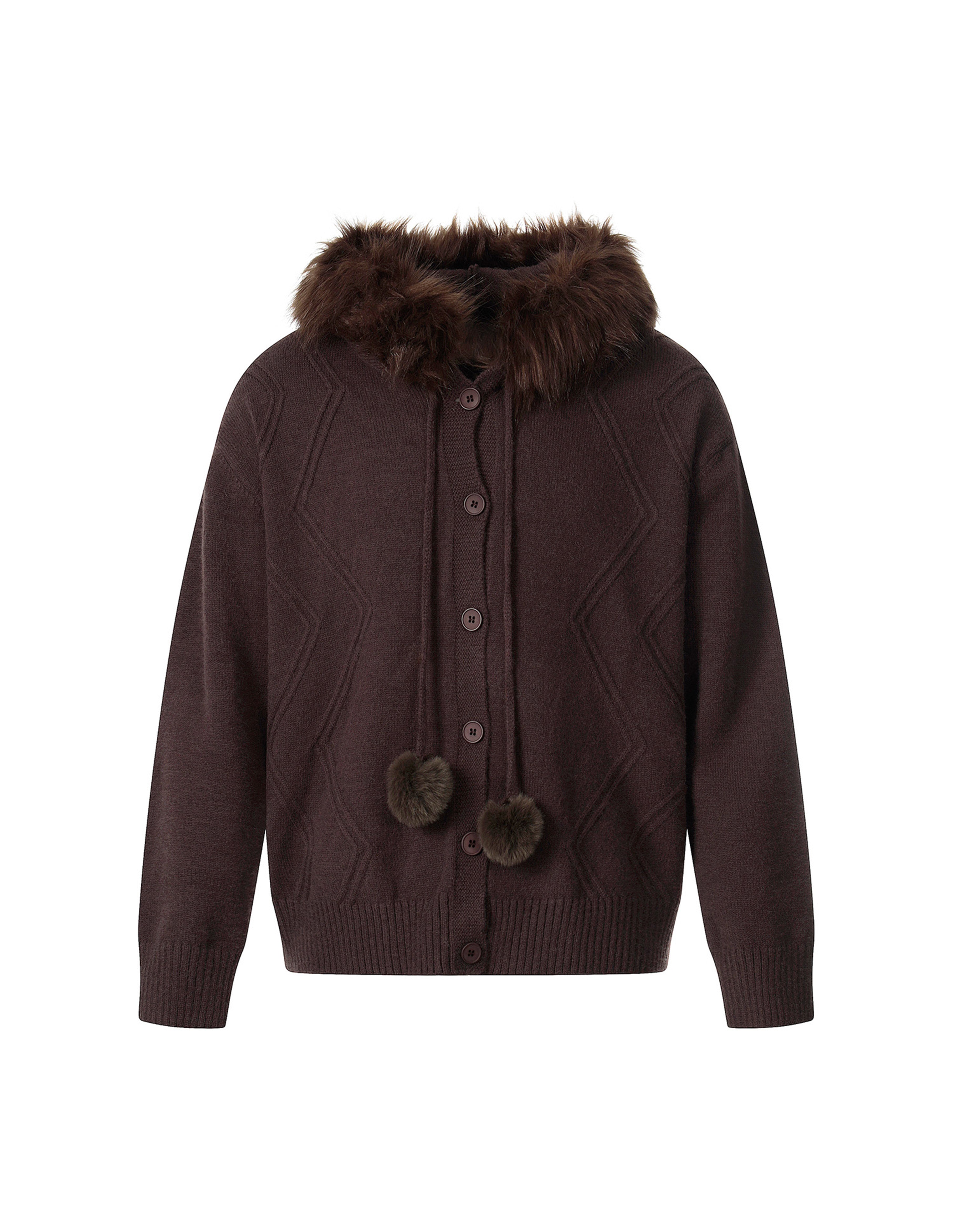 BAKYARDER Vintage Patchwork Fur Collar Hooded Zip-Up Knit Cardigan