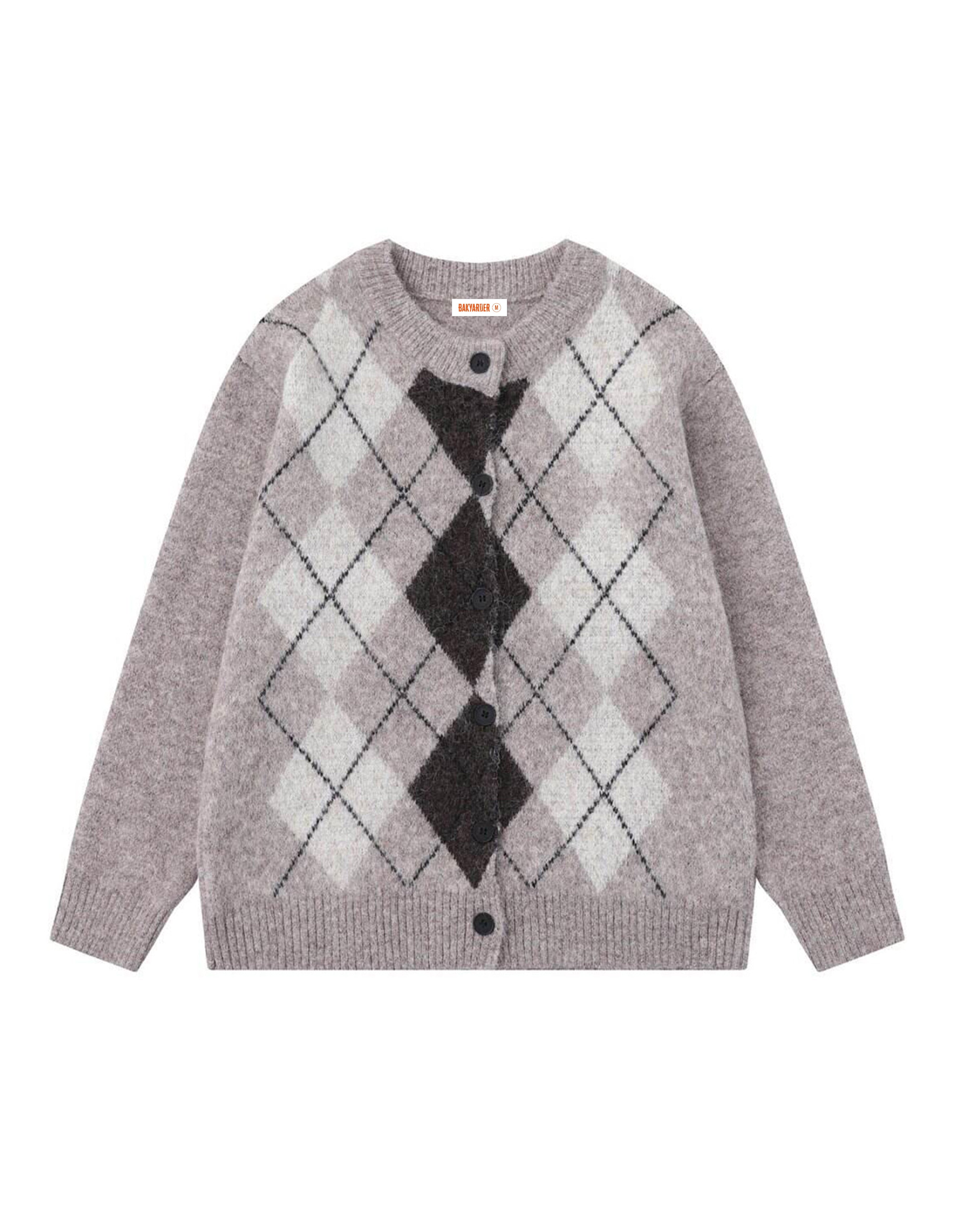 BAKYARDER Vintage Preppy Style Color-Block Argyle Knit Cardigan