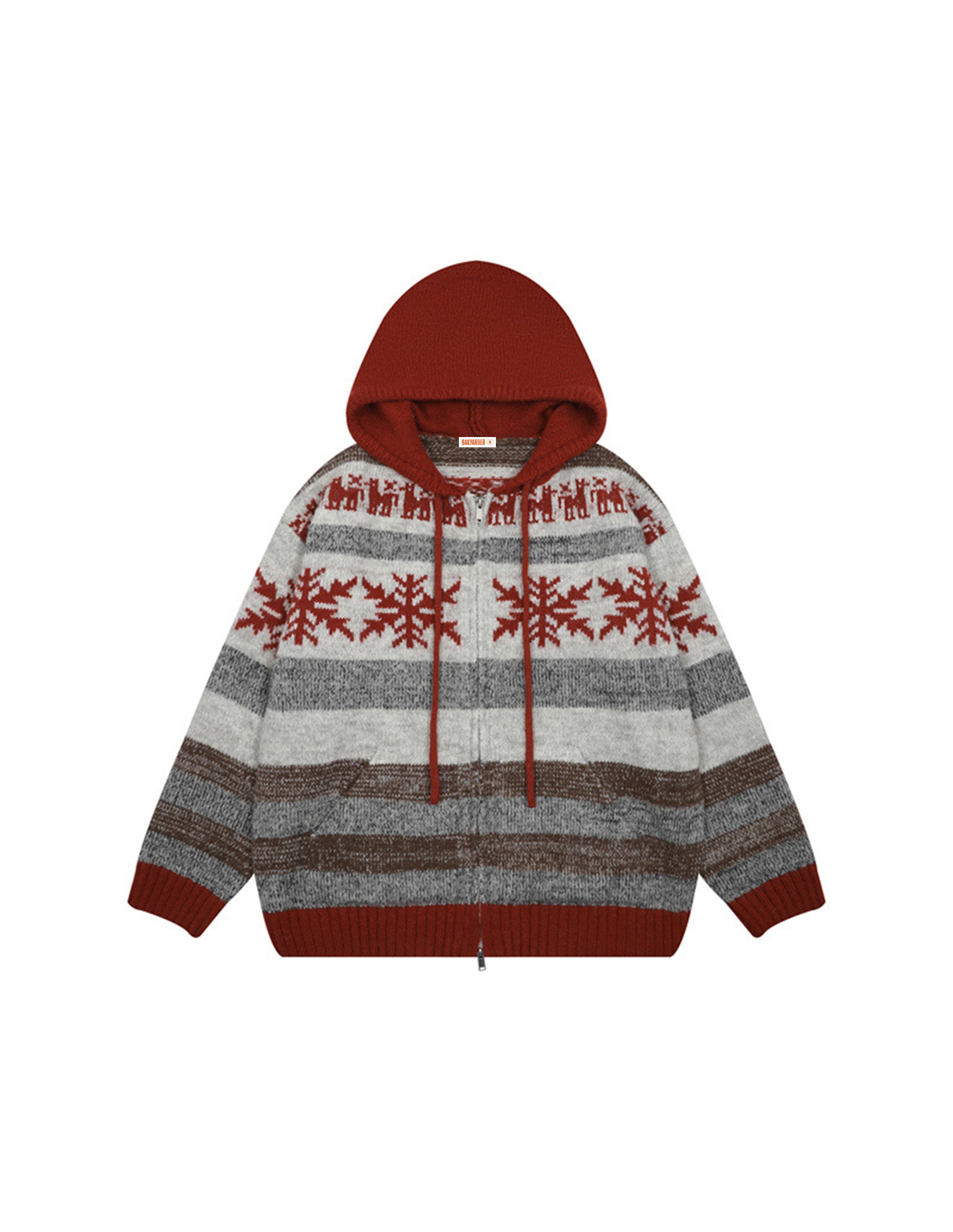 BAKYARDER Vintage Snowflake Jacquard Hooded Cardigan Sweater