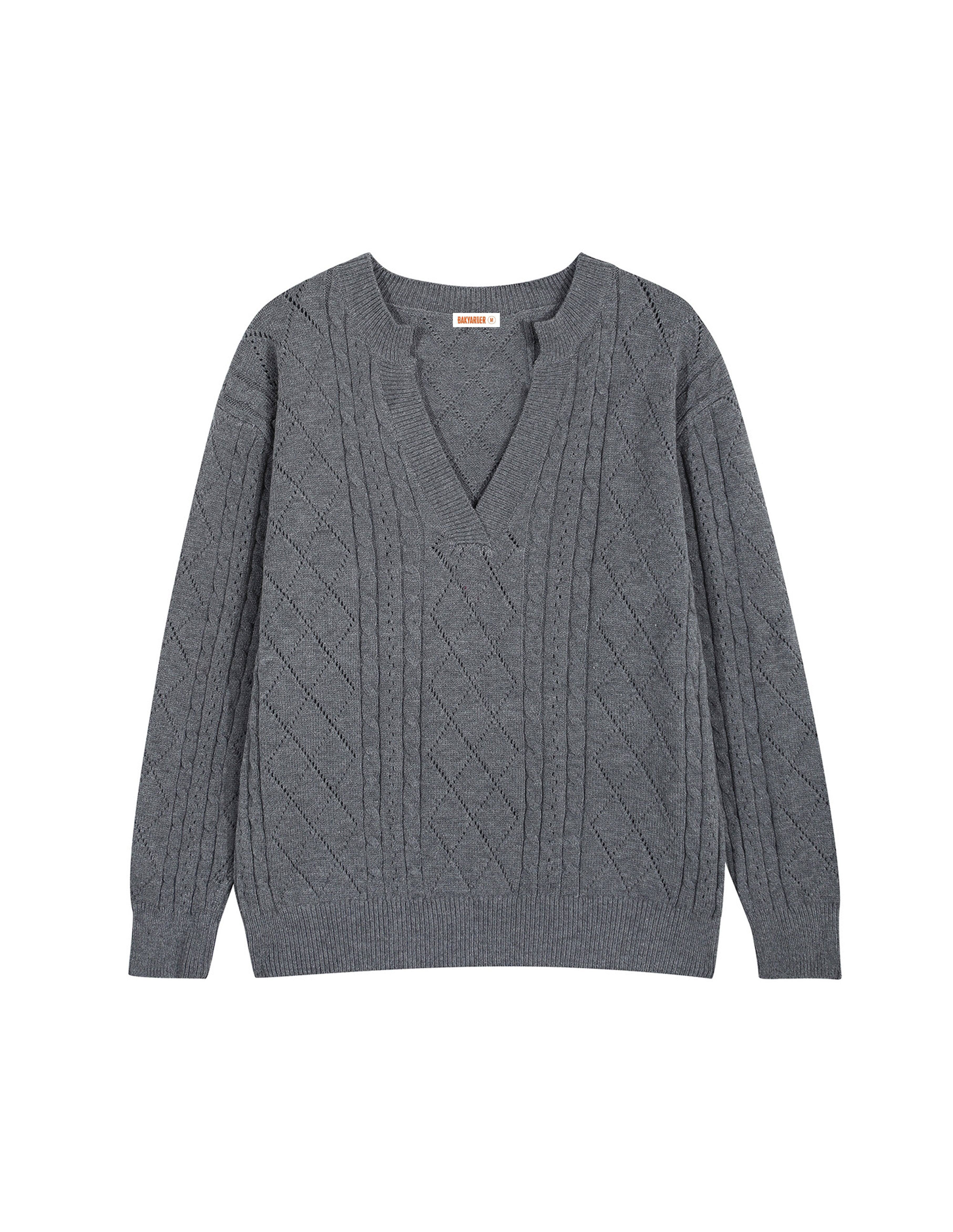 BAKYARDER Vintage V-Neck Cable Knit Pullover Sweater