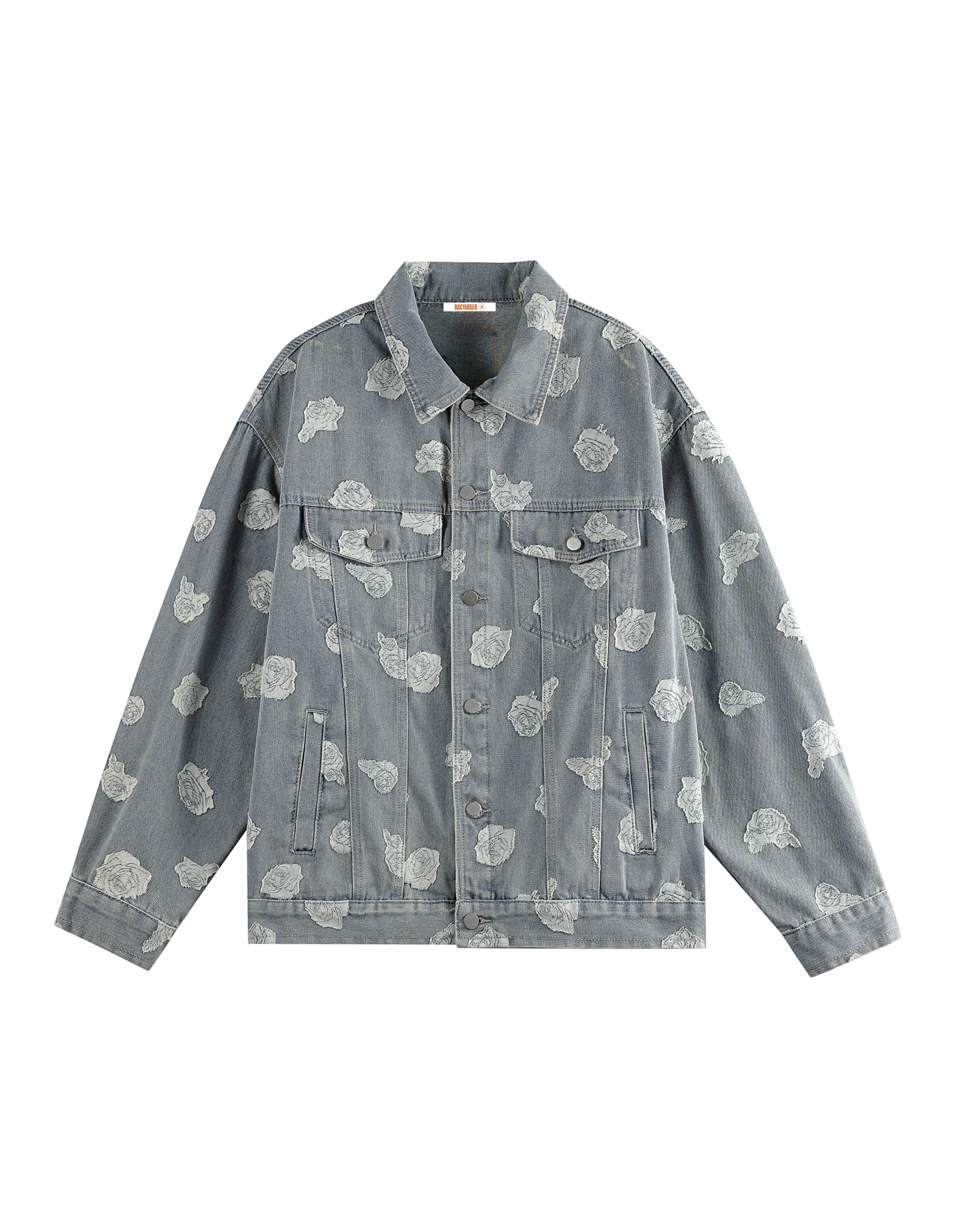 BAKYARDER Vintage Washed Embroidered Denim Jacket with Turn-down Collar