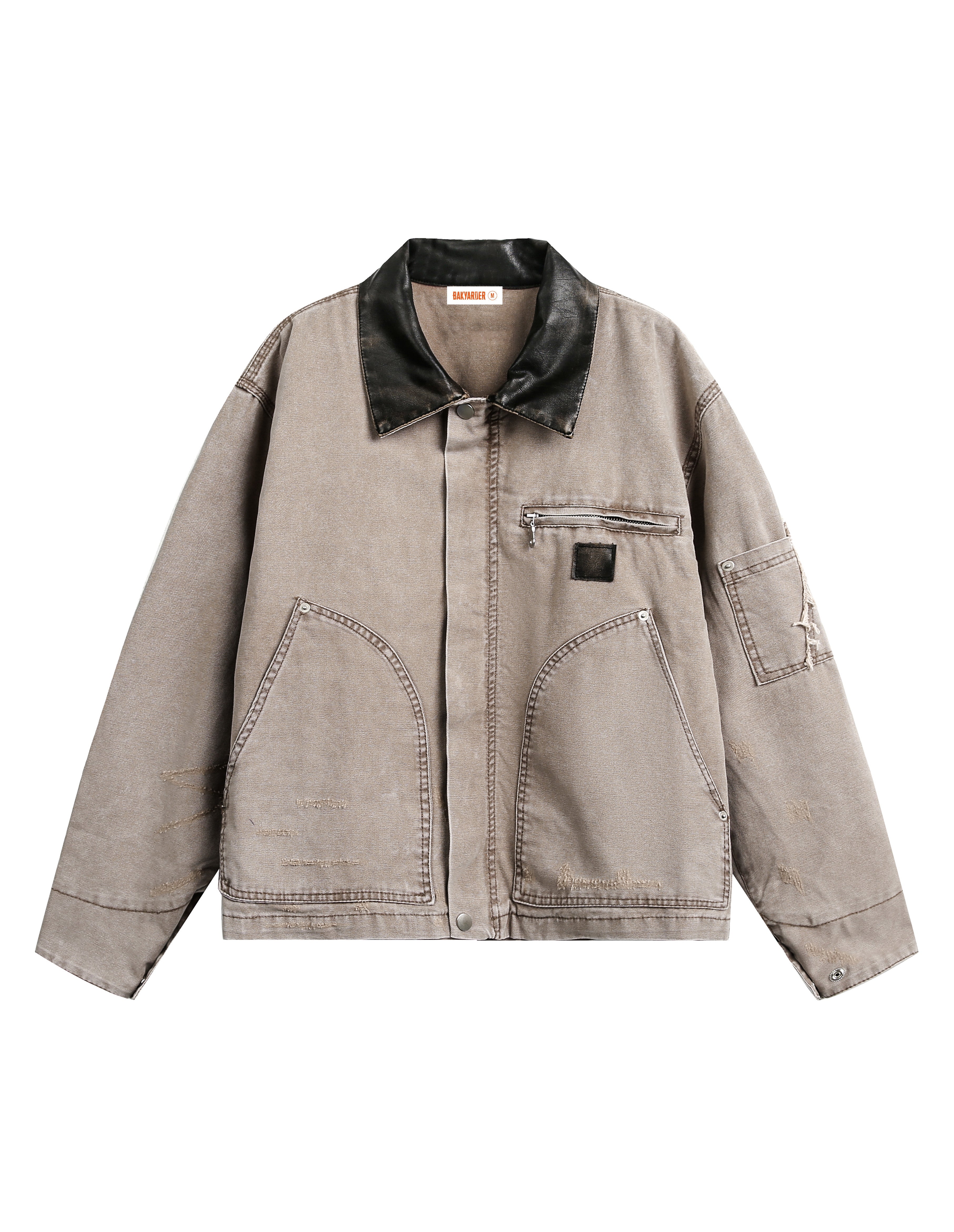 BAKYARDER Vintage Washed PU Leather Jacket with Turn-Down Collar