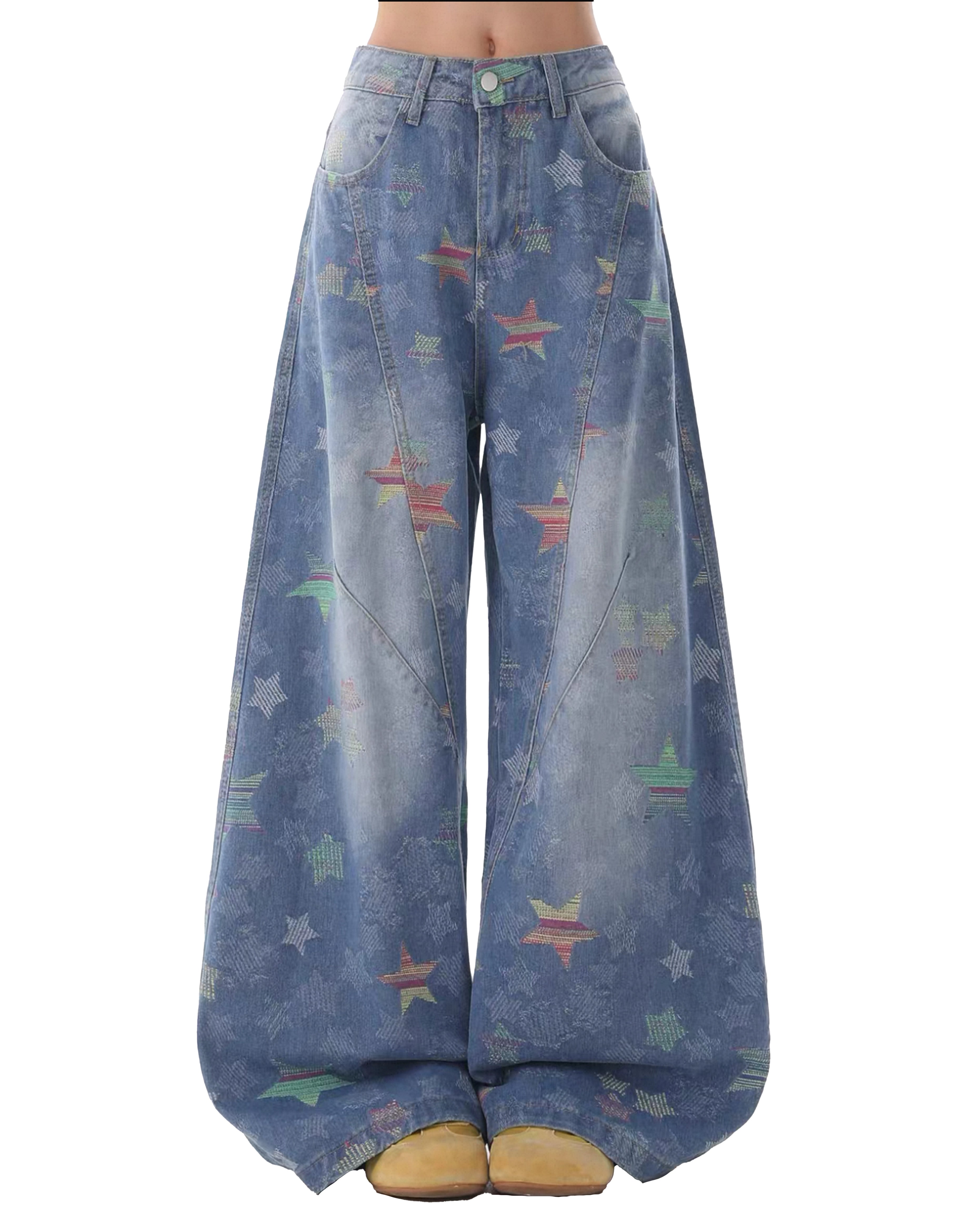 BAKYARDER All-Over Star Print Deconstructed Bucket Jeans